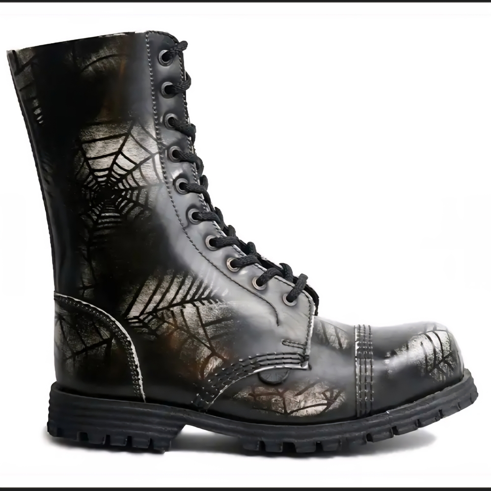 Underground SPIDER WEB Commando Leather Boot Steel Cap - Black & White Rub-off